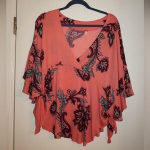 Free People Coral and Black Floral Top
